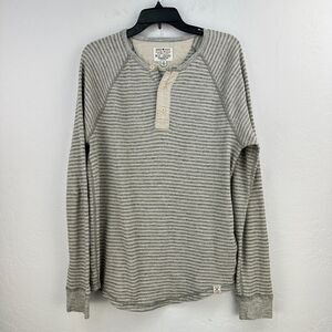 Vintage Lucky Brand Henley Sweater Men M Cream Gray Cotton Striped Raglan Sleeve